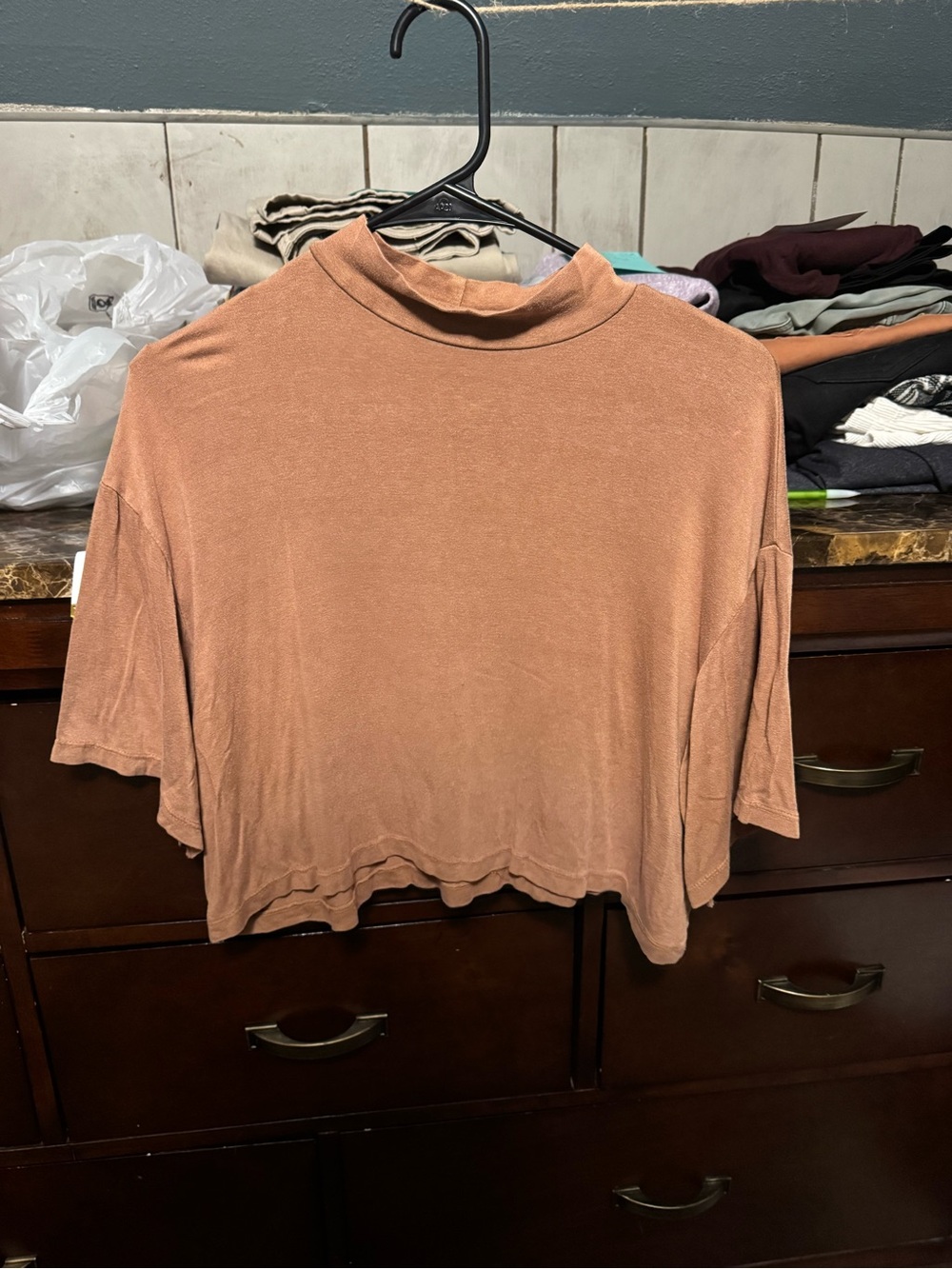 Boxy Cropped Mock Neck Top in Warm Clay